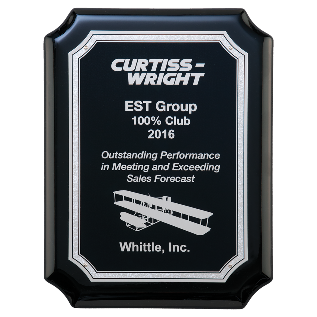 Custom black award plaque with silver engraving and a silver Florentine border