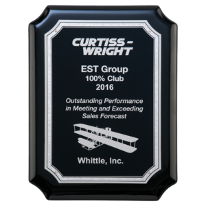 Custom black award plaque with silver engraving and a silver Florentine border