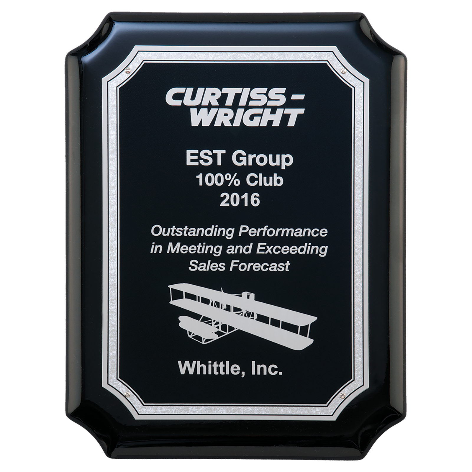 Custom black award plaque with silver engraving and a silver Florentine border