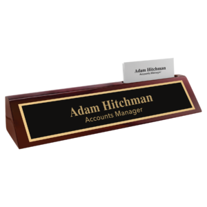 personalized rosewood desk wedge with gold trim and business card holder