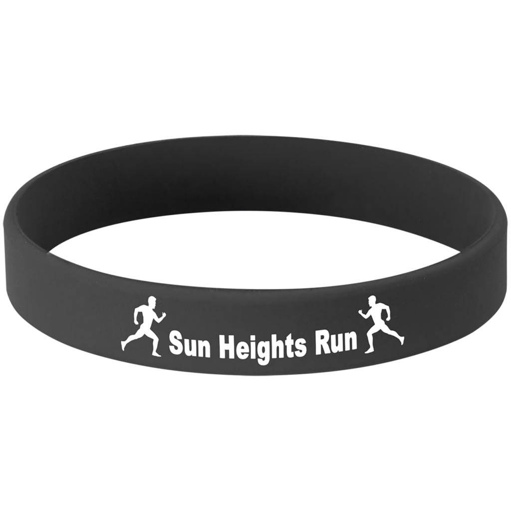 Black personalized silicone bracelet with white laser engraving for an event, team, fundraiser, or custom message