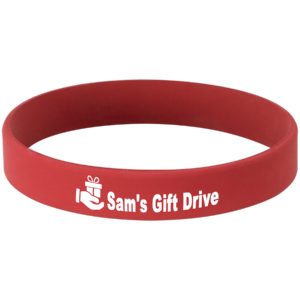 Red and white laser engraved bracelet featuring Sam’s Gift Drive with a gift icon