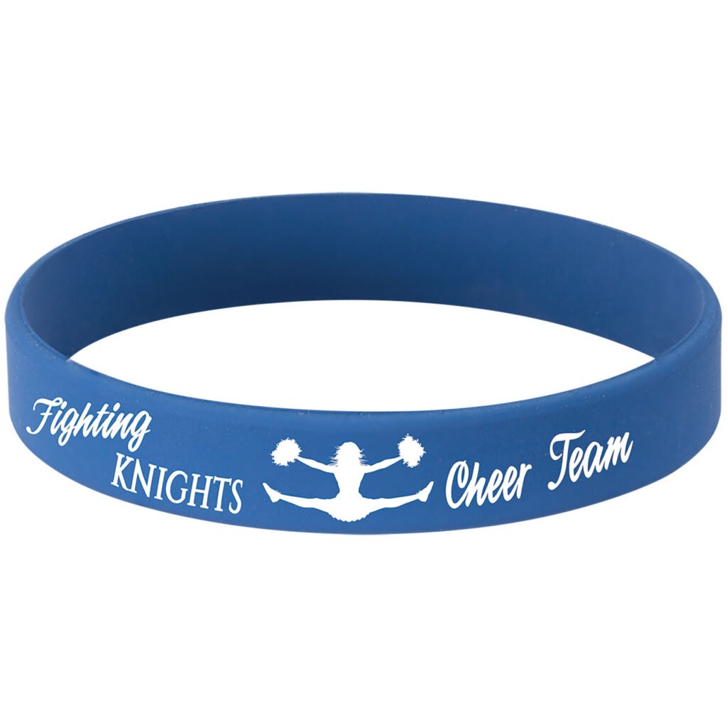 Blue and white laser engraved bracelet featuring a Fighting Knights cheer team design
