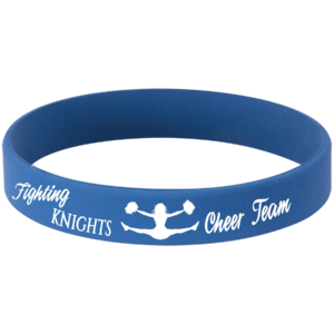 Blue and white laser engraved bracelet featuring a Fighting Knights cheer team design