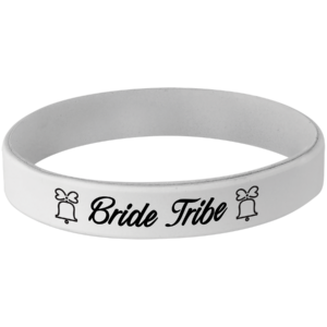 White and black laser engraved bracelet featuring a Bride Tribe design with wedding bells