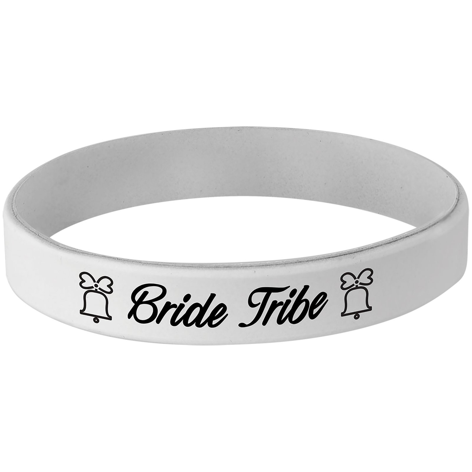 White and black laser engraved bracelet featuring a Bride Tribe design with wedding bells