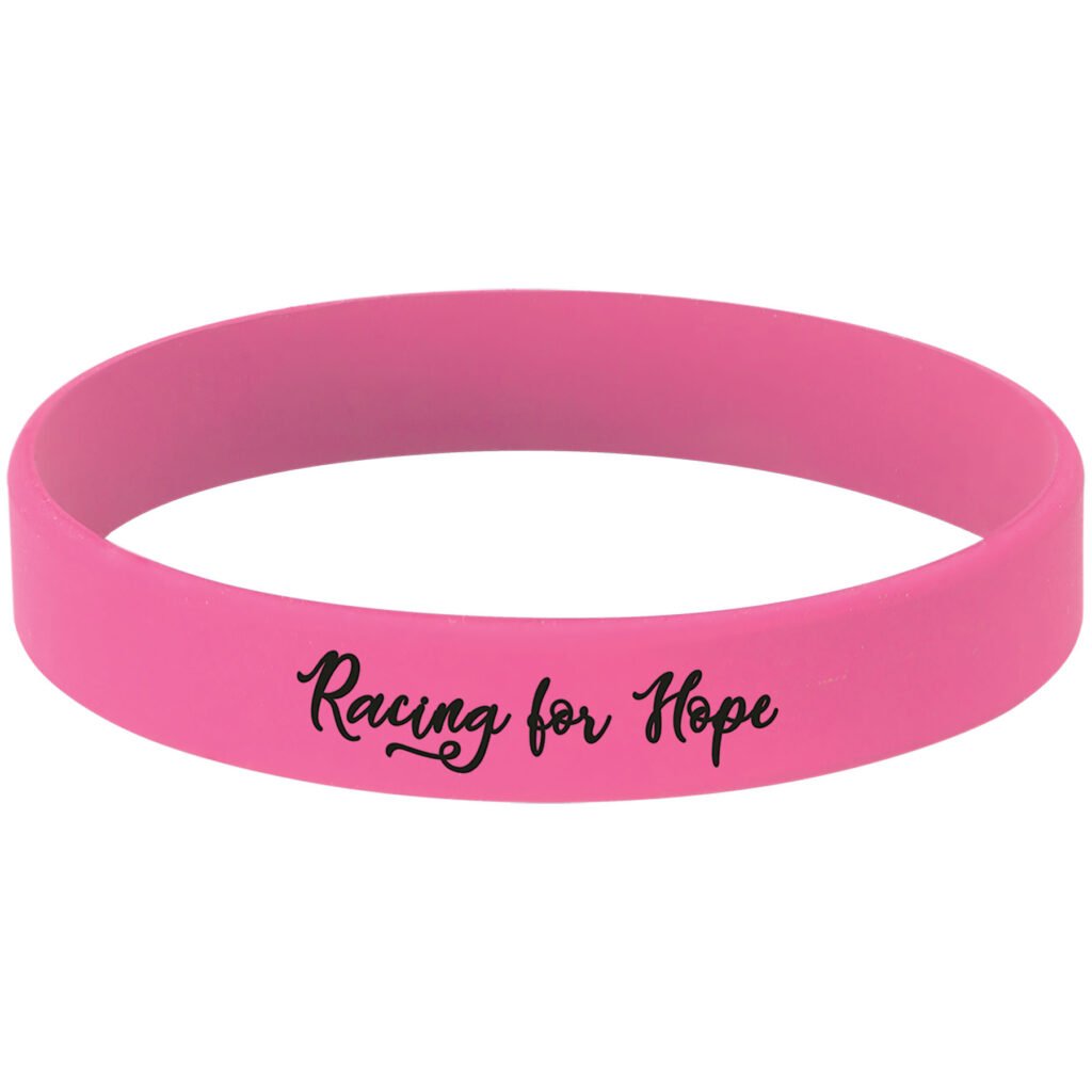 Pink and black laser engraved bracelet featuring a Racing for Hope design