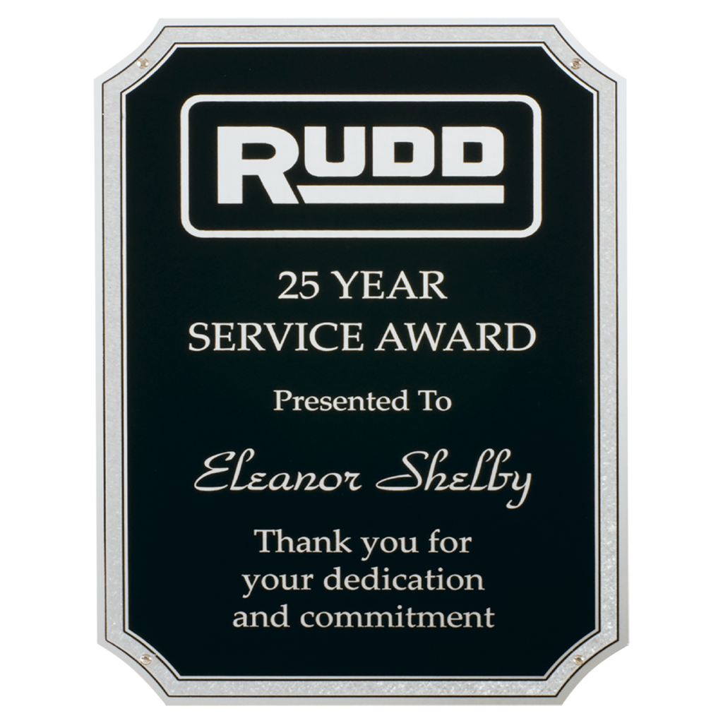 Custom 25 year service award on black aluminum plate with silver border Engravable Aluminum Plate