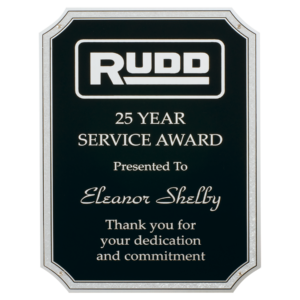 Custom 25 year service award on black aluminum plate with silver border Engravable Aluminum Plate