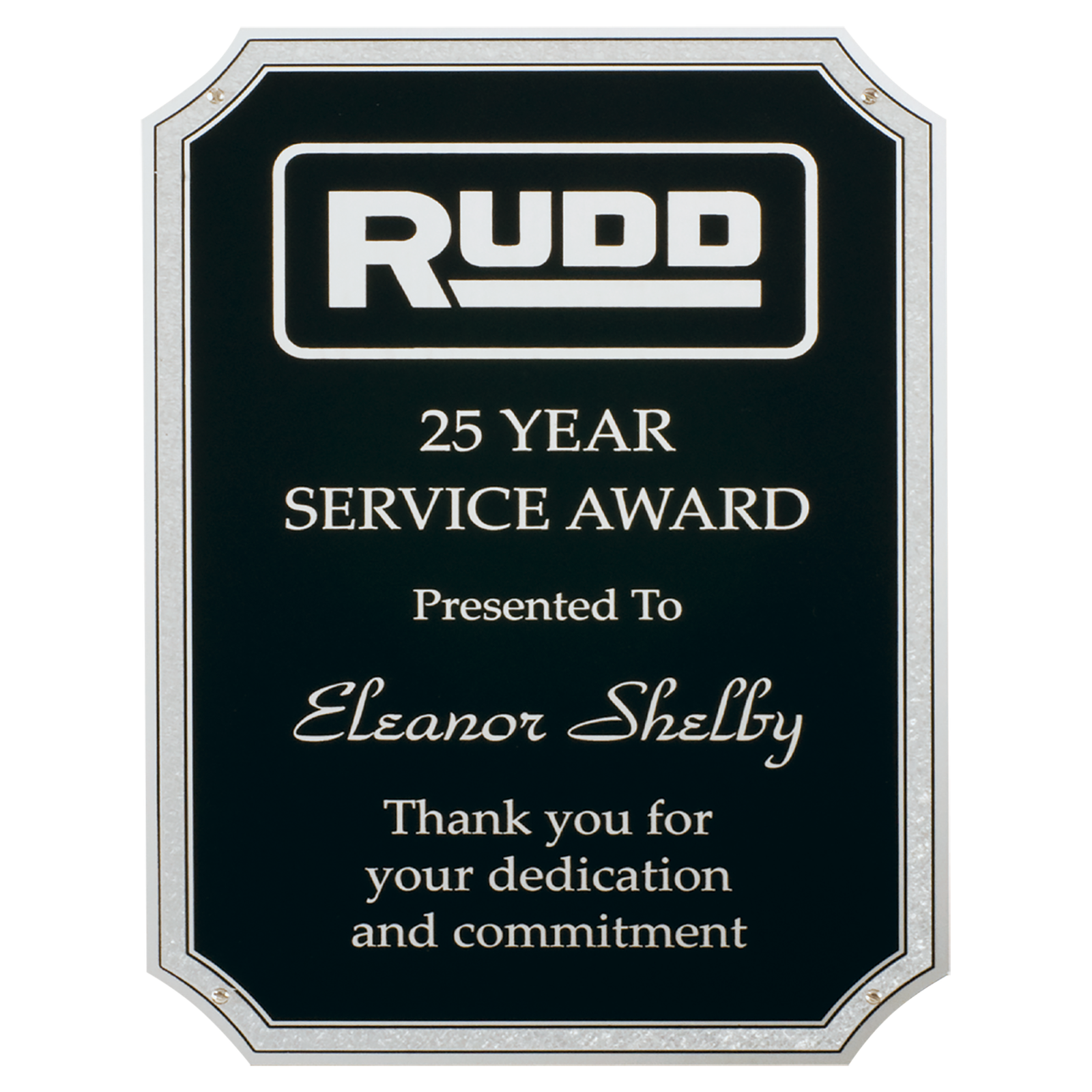 Custom 25 year service award on black aluminum plate with silver border Engravable Aluminum Plate