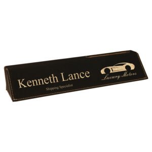 10.5 inch custom black leatherette desk wedge with gold laser engraved name, title, and logo