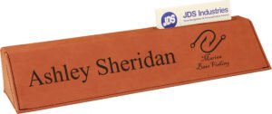 10.5 inch custom rawhide leatherette desk wedge with laser engraved name, logo, and business card holder